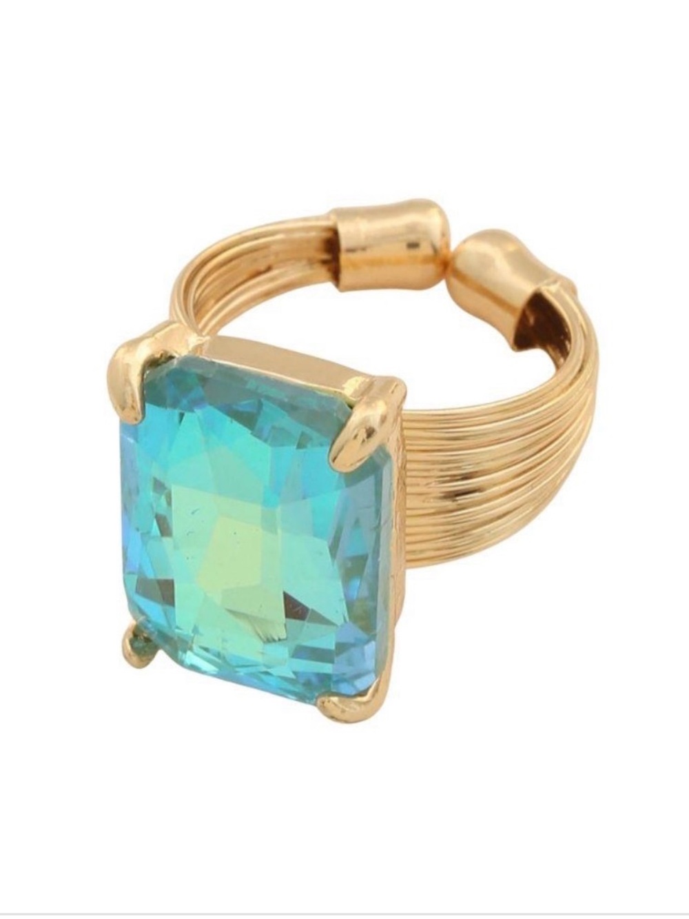Gold-Tone Ring with Blue-Green Cushion Crystal
